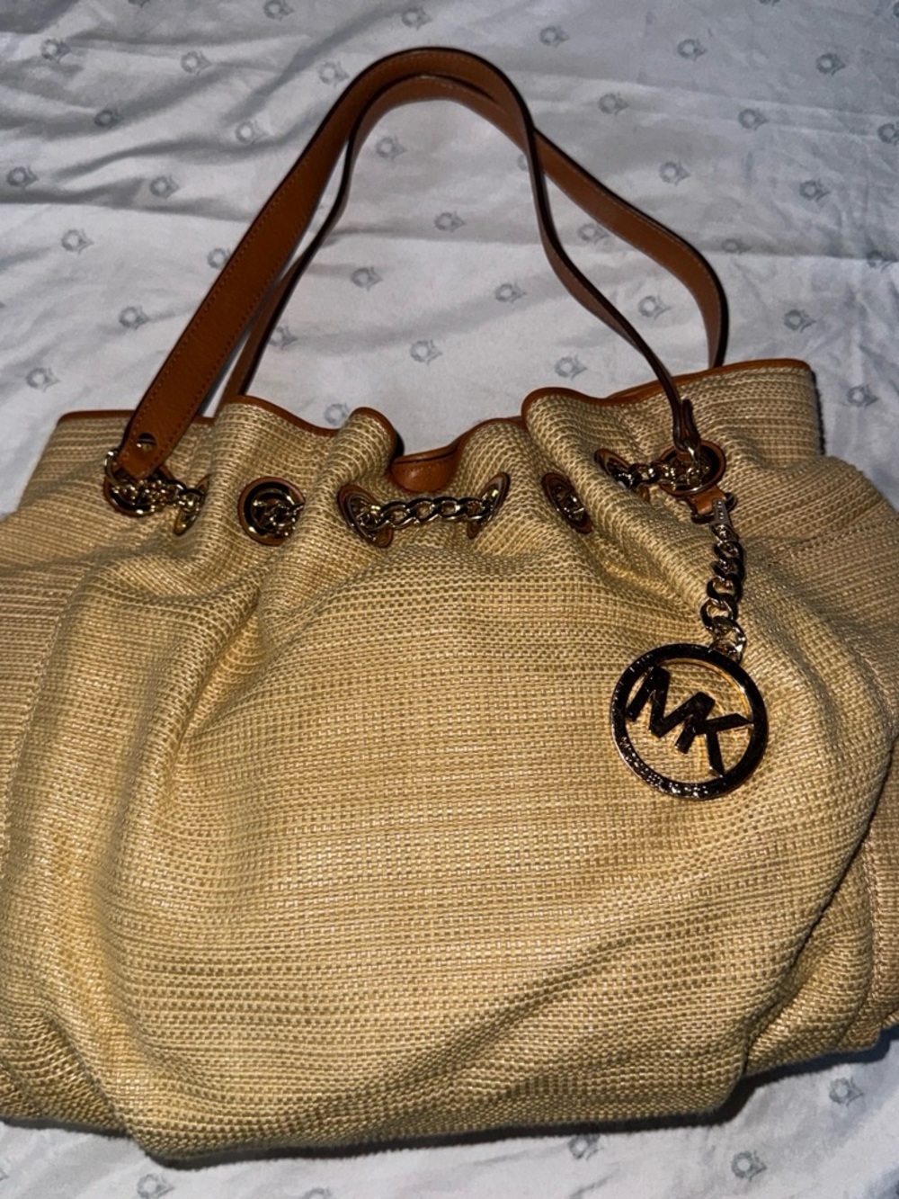 Michael Kors Straw-Style Drawstring Shoulder Bag in Beige with Tan Straps - Picture 1 of 8